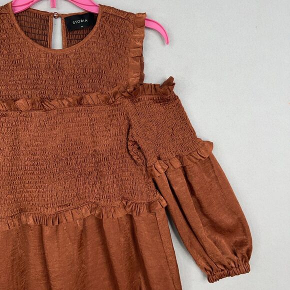 Storia Dress Womens Medium Brown Cold Shoulder Ruffle Smocked Boho Babydoll Y2K - Picture 4 of 13